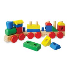 a wooden toy train with blocks and shapes