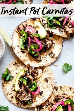 instant pot carnitass with avocado, cilantro and red onion