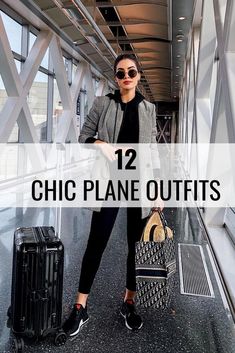 a woman standing in an airport with her luggage and the words, 12 chic plane outfits