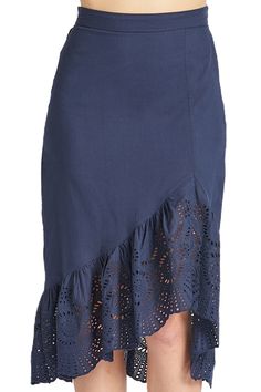 Side view of model wearing navy cotton eyelet asymmetric ruffle hem skirt. Navy Blue Skirt Outfits Summer, Navy Blue Skirt Outfits, Blue Skirt Outfits, Nude Espadrilles, Wooden Bangles, Turquoise Accessories, Lace Maxi Skirt, Daisy Top, Skirt Outfits Summer