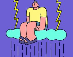 a man sitting on top of a cloud with lightning in the sky behind him,