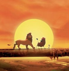 the lion and the lamb are standing on a log in front of an orange sunset