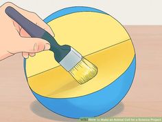 a person painting a ball with a paintbrush on the top and bottom part of it