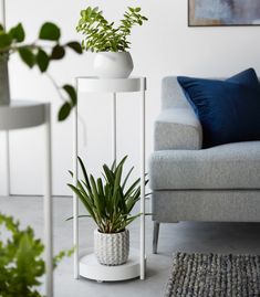 two potted plants sitting on top of a white stand in a living room next to a couch