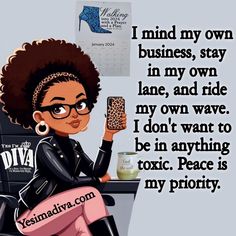 a woman sitting at a desk with a cell phone in her hand and the caption reads, i mind my own business, stay in my own lane, and ride