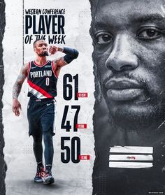 a man is standing in front of a poster that says player of the week