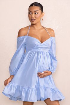 Kyra | Powder Blue Babydoll Maternity Mini Dress with Long Cold Shoulder Puff Sleeves Short Maternity Dress, Vestidos Para Baby Shower, Babydoll Mini Dress, Cute Maternity Outfits, Baby Shower Dresses, Party Dress Long Sleeve, Stylish Maternity, Event Outfit, Black Sequin Dress