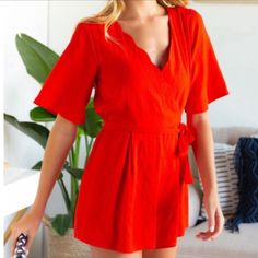 Coral Colored Nwt Jun & Ivy Romper. Cute Scalloped V Neck With Tie. Fitted V-neck Jumpsuits And Rompers For Summer, Relaxed Fit V-neck Jumpsuit For Vacation, Red Jumpsuits And Rompers For Summer, Casual Pink Jumpsuits And Rompers For Date Night, Red Solid Color Jumpsuits And Rompers For Summer, Cotton V-neck Jumpsuit In Solid Color, Casual Pink Jumpsuits For Date Night, Solid Color Cotton V-neck Jumpsuits And Rompers, Spring Jumpsuits And Rompers For Loungewear