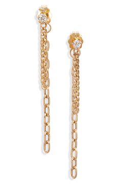 Single prong-set diamonds add sparkle to these mixed-chain drop earrings that drape the front and back of the ear in gleaming 14-karat gold. 1/8" diameter studs; 3/4" front drop; 1 1/2" back drop Total diamond weight: 0.06ct. 14k gold/diamond Made in the USA >Diamond Guide Zoe Chicco, Diamond Guide, Back Drop, The Ear, Prong Setting, Gold Diamond, Made In The Usa, Jewelry Earrings, Top Brands