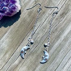 These Homemade Crescent Moon Rhinestone Earrings Are One Of A Kind! Earrings Are Made From A Lead And Nickel Free Zinc Alloy Metal. Photographed On A Standard Sized 3.5 X 2 Inch Business Card For Size Reference Bundle And Save! Silver Moon Shaped Jewelry With Ear Wire, Nickel-free Silver Moon Earrings, Silver Dangle Jewelry With Moon Charm, Silver Celestial Crystal Earrings For Pierced Ears, Silver Nickel-free Moon-shaped Earrings, Celestial Silver Pierced Crystal Earrings, Metal Dangle Earrings With Moon Phase, Nickel Free Silver Half Moon Earrings, Nickel Free Silver Dangle Crystal Earrings