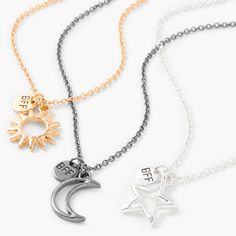 These cosmic pendant necklaces are perfect for you and your two BFFs. Set of three necklaces includes one with a gold-tone sun pendant, one silver-tone moon pendant, and one silver-tone star pendant.Pack Size: 3 Finish: Mixed Metal Closure: Lobster clasp Length: 16" + 3" extenderMaterial: Metal - Claire's Best Friends Mixed Metal Cosmic Pendant Necklaces - 3 Pack Necklace For 3 Friends, Necklaces For 3 Friends, Three Way Best Friend Necklaces, Matching Jewelry For 3 Best Friends, 3 Friendship Necklaces, Necklace For Friends, Best Friend Jewelry For 3, Three Best Friends Necklace, Trio Friendship Necklace