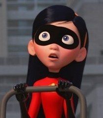 the animated character is dressed in red and black, with her eyes wide open while standing behind a metal bar