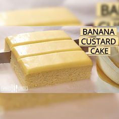 a banana custard cake is cut into squares