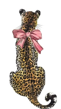 a drawing of a leopard with a pink bow on it's back paws up