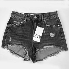 Distressed Style. 5-Pockets With Front Zipper. Frayed Edges. Length 12" Waist 14" Inseam 2.5". Zara Mom Jeans, Short Faux Fur Jacket, Mid Rise Denim Shorts, Straight Fit Denim, Ripped Jean Shorts, Mom Jeans Shorts, Leopard Print Jacket, Zara Shorts, High Rise Denim Shorts