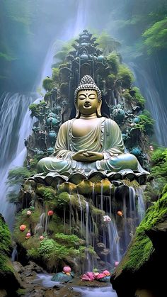 a buddha statue sitting in front of a waterfall