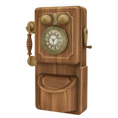 an old fashioned wooden phone with two dials on the front and side, attached to a cord