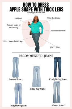 Having an apple shape with thick legs is unique since apples usually carry weight in the tummy. Women's body types vary greatly, and that’s completely normal. Let’s take a look at your features and find the best ways to dress your shape! Apple Body Type Outfits, Rectangle Body Shape Outfits