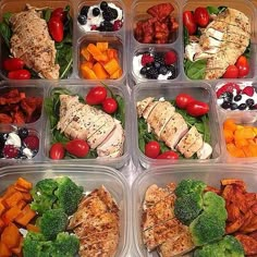 six plastic containers filled with different types of food and vegetables in each container are shown