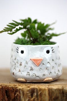 a white owl planter sitting on top of a wooden table next to a green plant