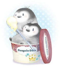 two little penguins in a tub with a toothbrush on the tip and an ice cream container next to it