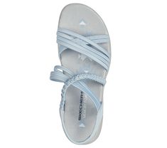 Stretch out and enjoy sunny days in comfort with Skechers Reggae Slim - In-Love. This sporty casual strappy slingback style features a Stretch Fit braided fabric and synthetic upper, plus a cushioned Skechers Memory Foam footbed. | Skechers Women's Reggae Slim - In-Love Sandals | Medium Width | Skechers Memory Foam cushioned comfort footbed | Stretch Fit design for sock-like comfort | Supportive shock-absorbing Reggae Slim midsole | Crafted with 100% vegan materials | Braided fabric and syntheti Strappy Sport Sandals With Cushioned Footbed For Summer, Strappy Sport Sandals For Beach In Spring, Strappy Slingback Sandals With Cushioned Footbed For Vacation, Strappy Synthetic Slingback Sandals For Beach, Summer Strappy Synthetic Sandals, Spring Strappy Slingback Sandals With Arch Support, Adjustable Strappy Sport Sandals For Summer, Strappy Synthetic Sport Sandals For Beach, Strappy Sport Sandals For Summer Vacation