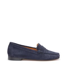 Women's Penny Loafers Leather Sole, navy blue suede Navy Suede Loafers With Rubber Sole, Navy Suede Slip-on Loafers, Navy Slip-on Loafers With Leather Sole, Classic Blue Moccasins With Suede Lining, Navy Suede Loafers For Formal Occasions, Classic Blue Loafers With Suede Lining, Classic Navy Loafers With Leather Sole, Navy Slip-on Loafers For Work, Classic Blue Loafers For Work