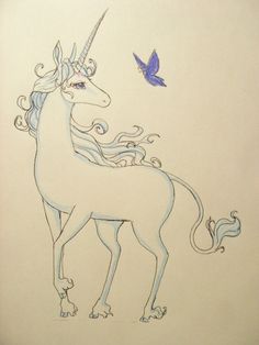 a drawing of a unicorn and a blue bird