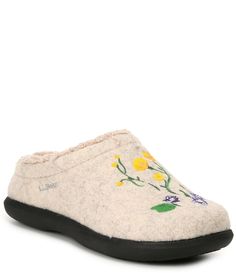 From L.L.Bean&#x2C; the Daybreak Scuff Floral Motif Slippers feature:Wool-clog-style upper features a high-pile fleece sock liner for warmth and comfortSlip-on design for easy on-and-offSynthetic liningAnti-slip rubber sole for increased dependable tractionImported. Slip-on Indoor Clogs, Wool Clogs, Fleece Socks, Clogs Style, Clog Slippers, Liner Socks, On Design, Dillard's, Ll Bean