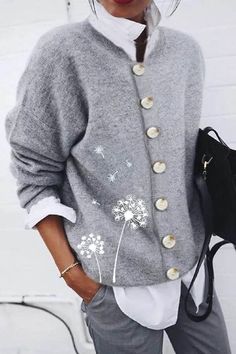 Dandelion Print, Boat Neck Sweater, Amal Clooney, Pullover Outfit, Button Long Sleeve, 자수 디자인, Cardigan Outfits, Casual Cardigans, Boatneck Sweater