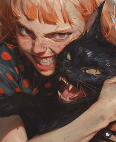 a painting of a woman holding a black cat with her mouth open and tongue out