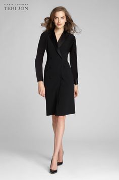 Tuxedo Long Sleeve Coat Dress Navy Cocktail Dress, Teri Jon, Long Sleeve Coat, Mob Dresses, Tuxedo Dress, Black Tuxedo, Dinner Dress, Long Sleeves Coats, Chiffon Long Sleeve