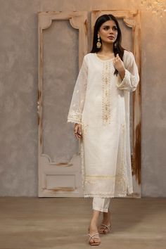 Dhanak DA 2051 Offwhite Embroidered Kurta Festive Signature & Luxury Statements Grad Dresses, Suit Fabric, Dress Ideas, Desi, Off White, Festival, Heels, Photography, Fabric