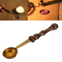 an old fashioned spoon is being used as a candle holder for candles and other decorative items