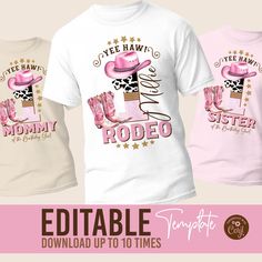 Cowgirl Birthday Party t-shirt design editable Template 1st Rodeo t-shirt, Western Cowboy Editable dtf sublimation design t-shirt design ..Purchase, edit, and print within minutes! This instant download design is editable directly in your browser or on a *mobile device using Corjl.com. No need to download any software, fonts, or wait for proofs. ..Use your computer/laptop for advanced editing options. ..Get access to your design immediately FREE DEMO: Try before you buy! Copy and paste this URL Cowgirl Birthday Shirt Ideas, White T-shirt With Sublimation Print For Birthday, Pink Custom Print Birthday T-shirt, Pink Custom Print T-shirt For Birthday, Customizable Pink Short Sleeve Shirt, White Sublimation Print T-shirt For Birthday, 1st Rodeo, Rodeo Birthday Parties, Cowboy Theme Party