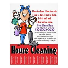 a house cleaning flyer with a woman holding a mop