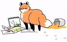 an orange fox standing on top of a pile of papers next to a cup and brush