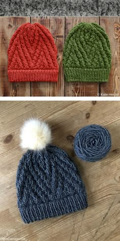 three knitted hats with different colors and sizes