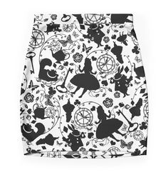 Super stretchy and durable polyester mini skirt. Vibrant, high-quality sublimation print across the front and back. Size range XXS-2XL. Alice in Wonderland, Alice, White Rabbit, Cheshire Cat, Wonderland, Rose, Key, Clock, Flowers, Hearts, Spades, Diamonds, Butterfly, Teapot, Pattern, Minimal, Black, White, Silhouette Edgy Alice In Wonderland, Alice In Wonderland Clothing Aesthetic, Alice In Wonderland Sweater, Gothic Oc, Alice In Wonderland Sweatshirt, Alice In Wonderland White Rabbit Shirt, Witch Outfits, Pattern Minimal, Alice In Wonderland Alice