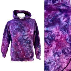 95% cotton/5% polyester preshrunk hoodie with kangaroo pocket in size Small.  Brand - King. They're made in Canada! This hoodie was ice dyed with imperial purple, grape, and red violet. If you are unsure of what size is right for you, measure one of your own flat, armpit to armpit. Double that for a chest measurement. The back length is measured from where the hood attaches at the back to the bottom. This measurement is less important for fit; it just gives you an idea of how long it is. GARMENT Imperial Purple, Ice Tie Dye, Red Violet, Tie Dye Cotton, Ice Dyeing, Tie And Dye, Cotton Hoodie, Kangaroo Pocket, Batik