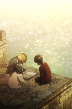 two children sitting on the edge of a cliff looking at something in the water below