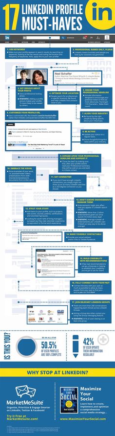 the linkedin profile is shown in blue and yellow, as well as an info sheet