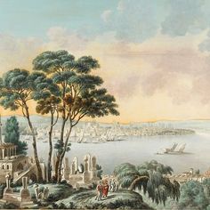 an image of a painting with trees and buildings in the foreground, including boats on the water