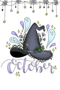 a drawing of a witches hat with the word october written below it and stars hanging from the ceiling