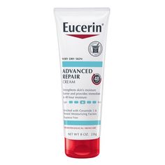 Eucerin Advanced Repair Body Cream is a breakthrough in repairing very dry skin and fighting dryness at its source. This Eucerin cream for very dry skin provides 48 hour moisture, for skin that looks and feels healthy, moisturized and soft. Eucerin Advanced Repair Cream is enriched with Ceramides-3 and Natural Moisturizing Factors (amino acids that are naturally found in the skin). It helps to strengthen the skins moisture barrier to lock in moisture and boosts hydration to help prevent dryness Eucerin Healing Cream, Eucerin Repair, Eucerin Urea Repair, Skin Repair Cream, Dermatologist Recommended Skincare, Best Lotion, Cvs Pharmacy, Lotion For Dry Skin, Cream For Dry Skin