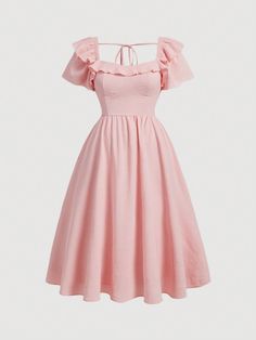 Plus Size Summer Pink Soft And Elegant Ball Gown Dress With Ruffle Sleeves,Long Women Dresses,Grad Dress Pink Casual  Short Sleeve Woven Fabric Plain A Line Slight Stretch  Women Plus Clothing, size features are:Bust: ,Length: ,Sleeve Length: Pink Dress Short Party, Pink Dress Simple, Cheap Pink Dresses, Cute Pink Dresses, Plus Size Pink Dress, Pastel Pink Dress, Baby Pink Dresses, Pink Dress Short, Vestidos Color Rosa