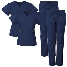 Medgear 12-pocket women's medical scrubs set with silver snap buttons. Mock-neck top with contrast detail, 4 lower patch pockets and elastic cord on shoulder. Scrub pants with all elastic waistband and drawstring, 2 pockets with snap button detail and Velcro closure, 2 front pockets, 2 cargo pocket, 2 back pockets and D-ring. Size: 2XL.  Color: Blue.  Gender: female.  Age Group: adult. Scrubs Fashion, Fashion For School, Medical Scrubs Fashion, Scrubs Outfit, Womens Scrubs, Medical Scrubs, Team Wear