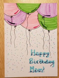 a happy birthday mom card with balloons and confetti