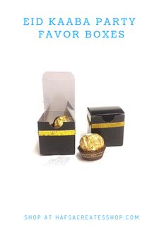 two boxes with gold foil on them and the words eid kaba party favors