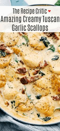 the recipe for amazing creamy tuscann garlic scallops is shown in a pan